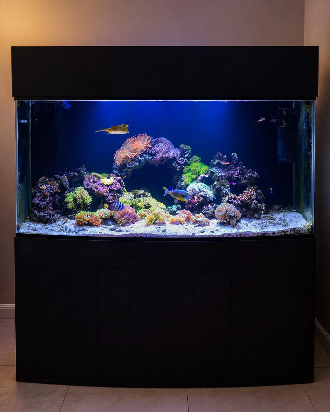 A reef aquarium built into custom cabinetry
