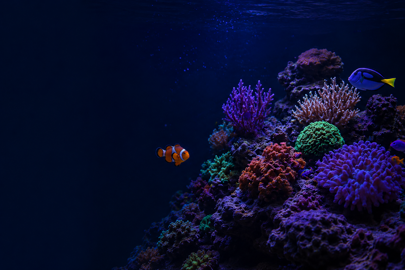 A vivid saltwater reef aquarium with coral under blue reef lighting